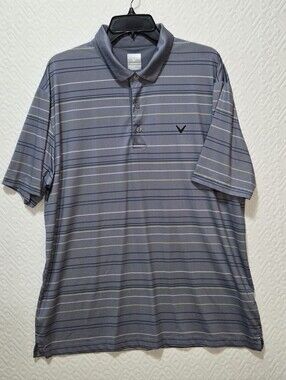 Callaway Men's XL Opti-Dri Short Sleeve Golf Gray W/ Navy, Yellow, White Stripes